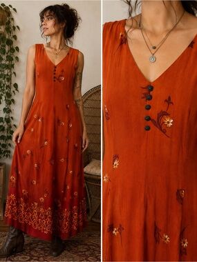 Positive Attitude Y2K Boho Rust Orange Floral Ombre Maxi Dress Size 10 Autumn